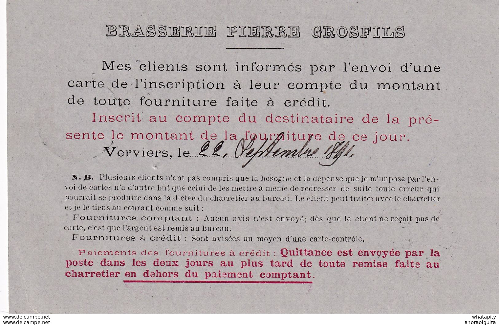 DDY 519 -Thème BRASSERIE - Belgique Imprimé TP 1 C VERVIERS 1891  - Griffe VERIFIE - Entete + Cachet Pierre Grosfils - Bières