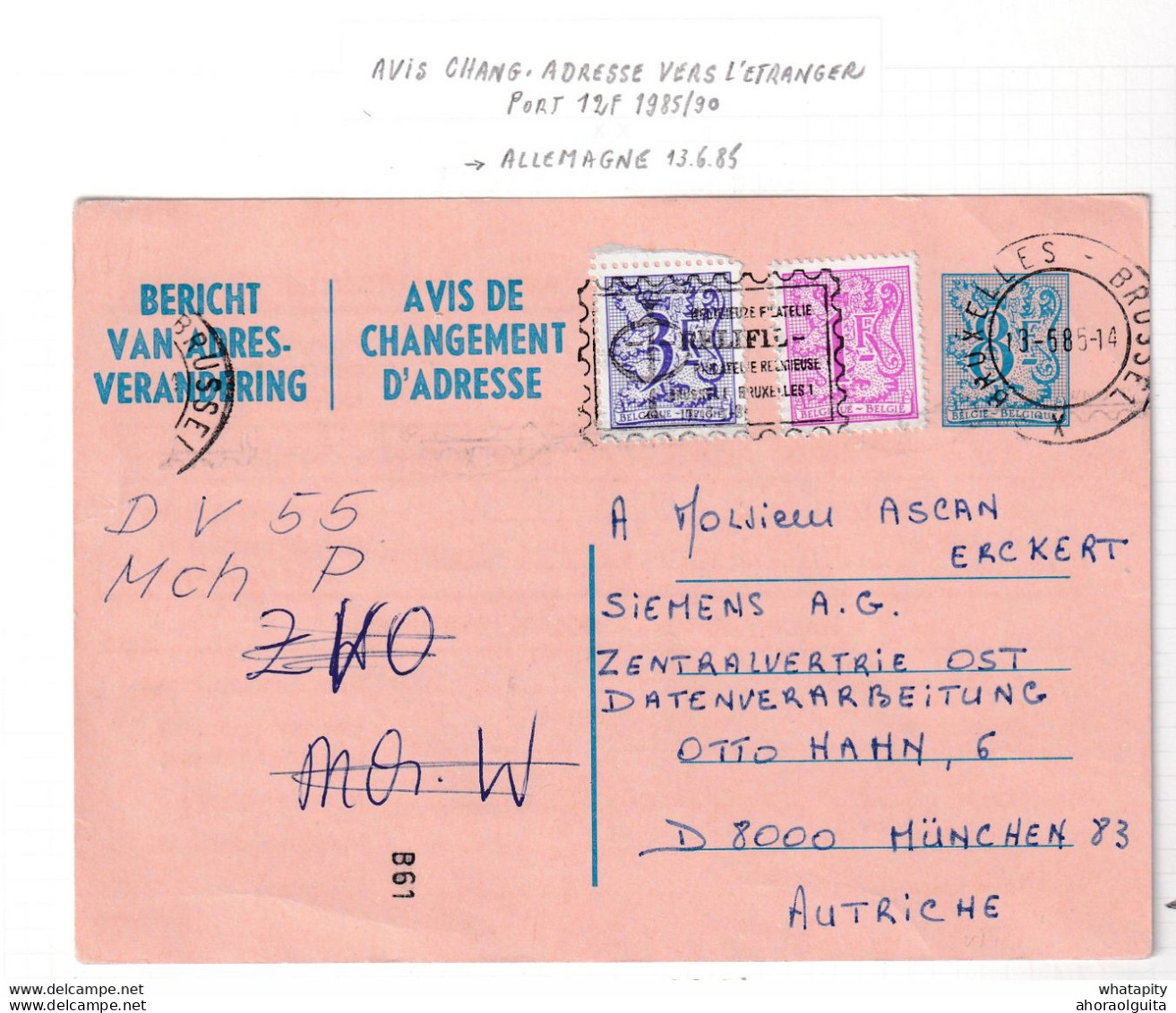 DDY 476 -  Avis De Changement D' Adresse - Plus Rare Vers L' Etranger - 8 F Vers MUNCHEN Allemagne - Avviso Cambiamento Indirizzo