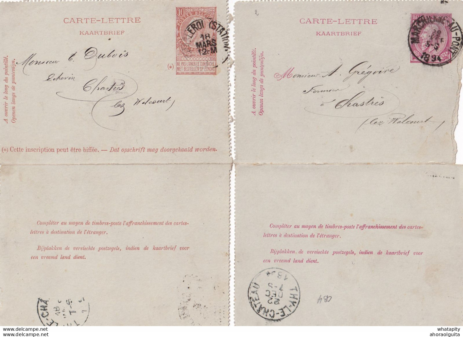 DDY 312 - 2 X Carte-Lettre Fine Barbe 1894/95 Vers Echevin Dubois Et Fermier Grégoire à CHASTRES Lez WALCOURT - Letter-Cards