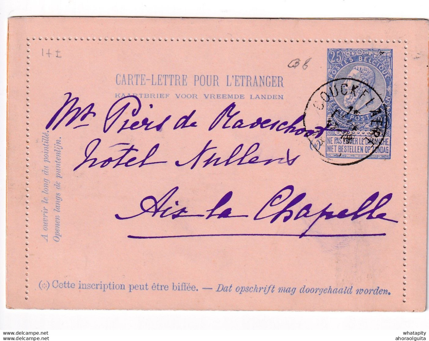 DDY 311 - Carte-Lettre Fine Barbe (avec Tous Ses Bords) COUCKELAERE Vers Mr Piers De Raveschoot à AIX LA CHAPELLE - Carte-Lettere