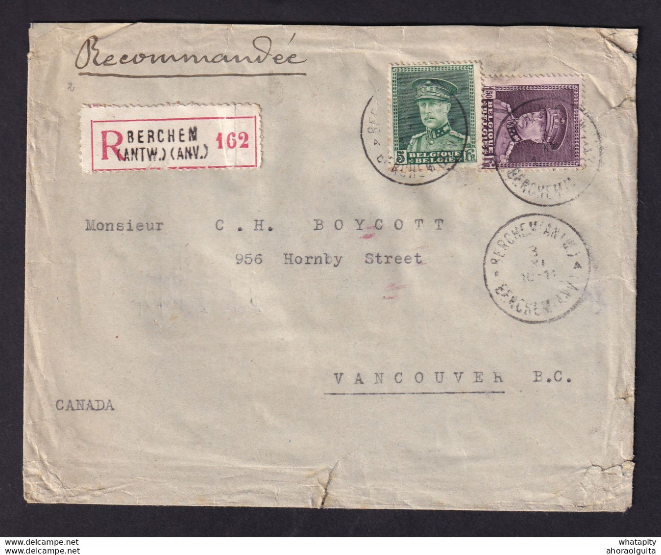DDY 887 - Enveloppe Recommandée TP Képis BERCHEM Antwerpen 1932 Vers VANCOUVER Canada - Belle Destination - 1931-1934 Mütze (Képi)
