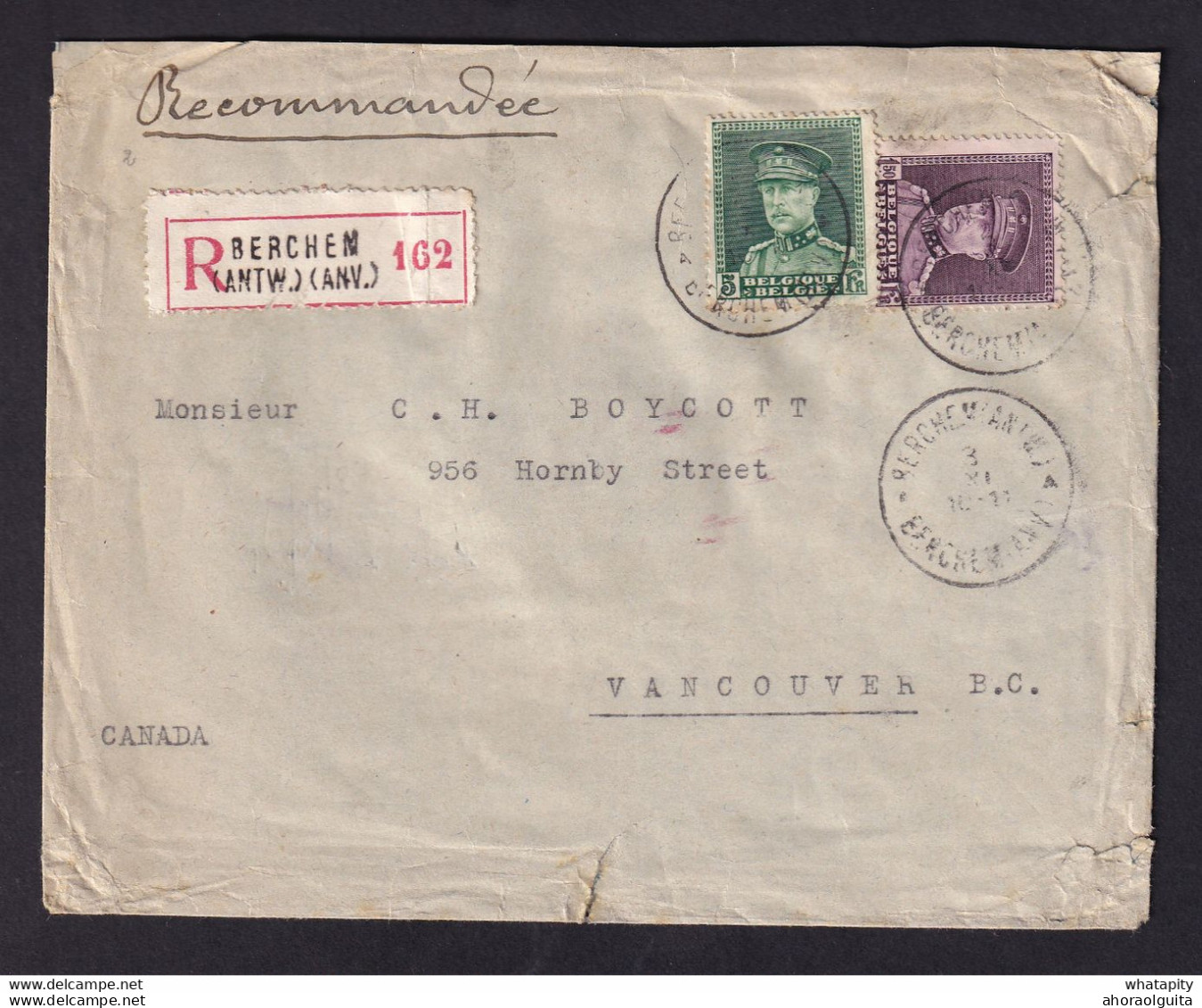 DDY 887 - Enveloppe Recommandée TP Képis BERCHEM Antwerpen 1932 Vers VANCOUVER Canada - Belle Destination - 1931-1934 Quepis