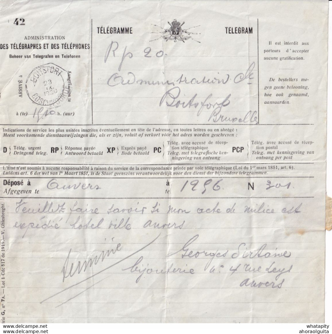 DDY 259 --  TELEGRAMME 1920 ANVERS Vers BOITSFORT - Demande D' Acte De Milice En REPONSE PAYEE - RP 20 - Telegraphenmarken [TG]