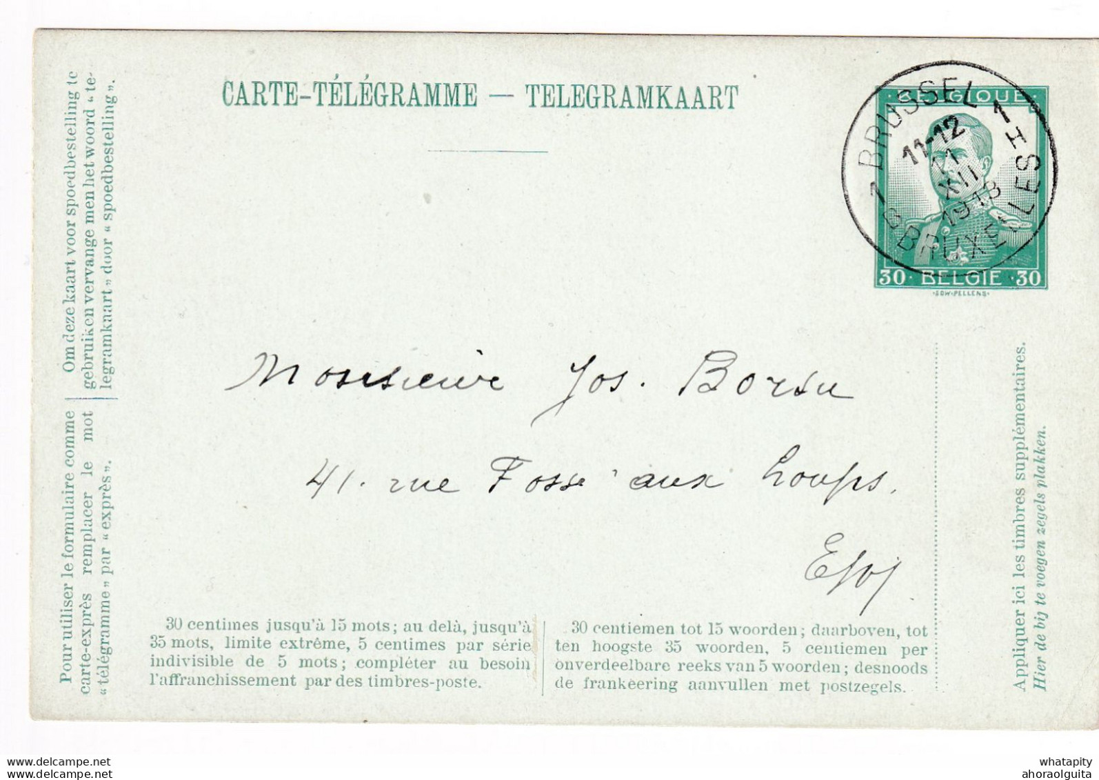 DDY 263 --  CARTE-TELEGRAMME Pellens BRUXELLES 1913 - TRES RARE Utilisée Comme Télégramme (15 Mots Maximum) - Sellos Telégrafos [TG]