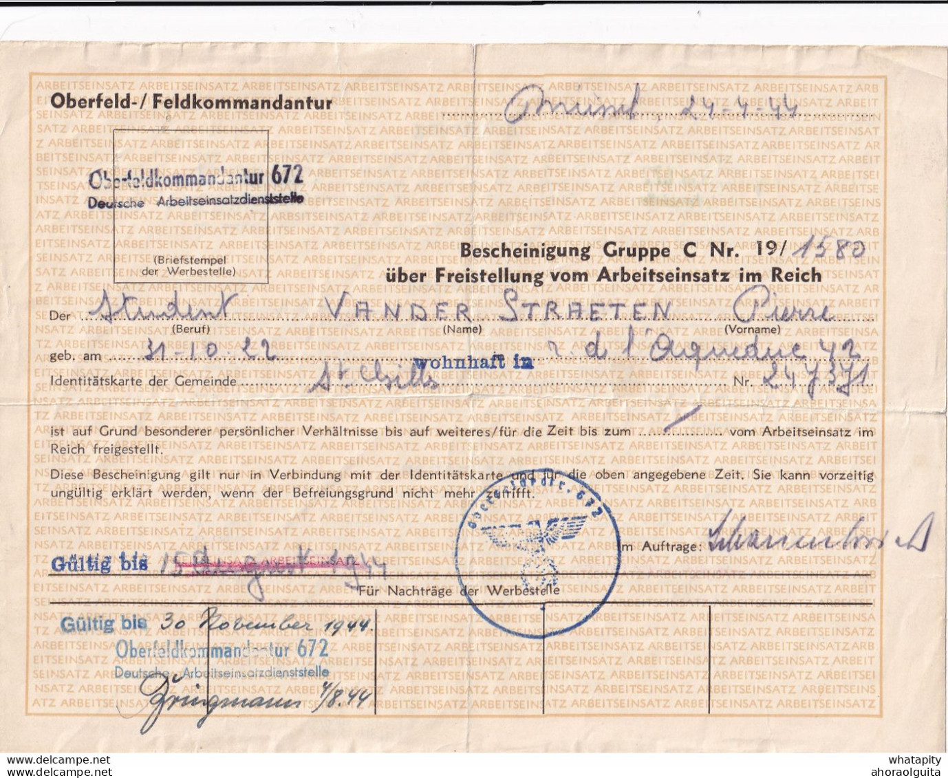 DDY 203 --  Document Du Deutsche Arbeiteisatz ( Travailleurs Civils) - Exemption Pour Un Etudiant à BRUXELLES 1944 - Oorlog 40-45 (Brieven En Documenten)