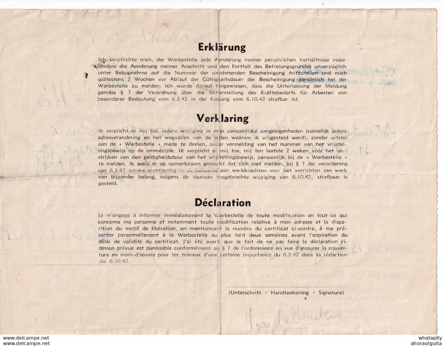DDY 203 --  Document Du Deutsche Arbeiteisatz ( Travailleurs Civils) - Exemption Pour Un Etudiant à BRUXELLES 1944 - Oorlog 40-45 (Brieven En Documenten)