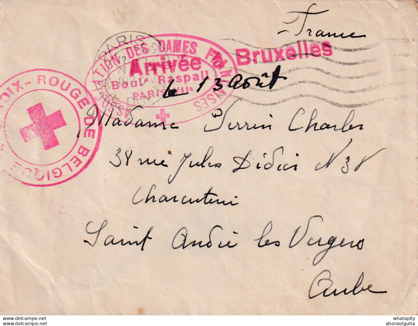 DDY014 - Enveloppe BRUXELLES 1940 Vers France (Aube) - Via CROIX ROUGE De Belgique Et Dames De France à PARIS - Oorlog 40-45 (Brieven En Documenten)