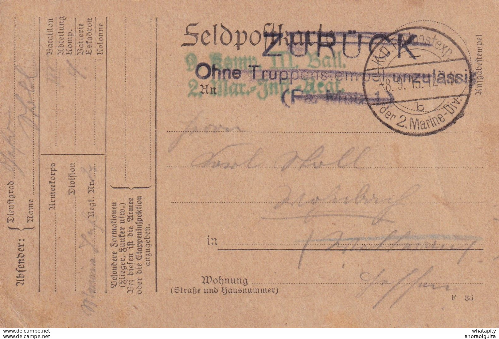 DDY009 - Carte En Feldpost Marine Div. OOSTENDE 1915 - Griffe Zuruck + Ohne Truppenstempel METZ - Erreur Biffée - Deutsche Armee