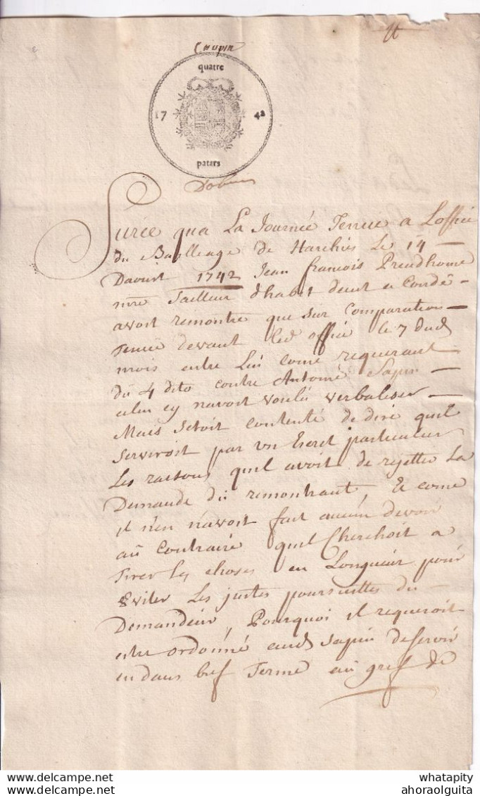 Document Fiscal Du Hainaut 2 Pages - Empreinte Quatre Patars 1742 -  Mention Du Baillage De HARCHIES  --  SS/570B - Dokumente