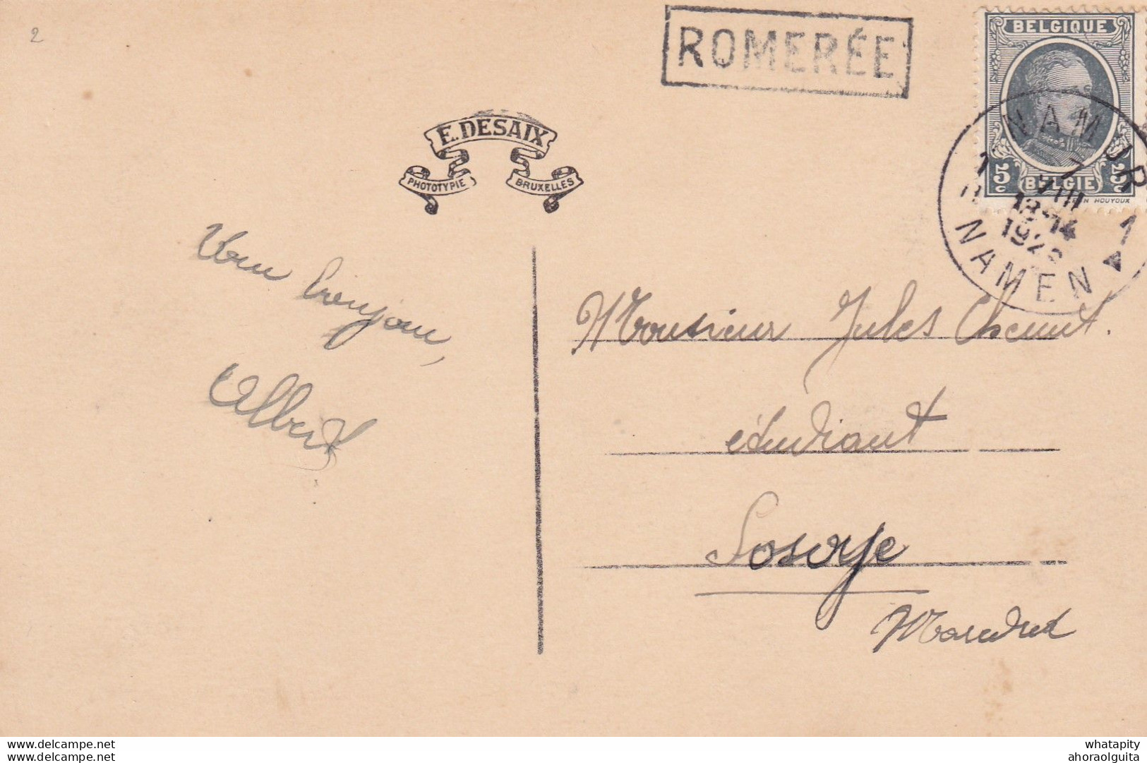 DDX978 -  TB Carte-Vue ROMEREE - Griffe Chemin De Fer De CHIMAY - TP Houyoux NAMUR 1925 Vers SOSOYE - Andere & Zonder Classificatie