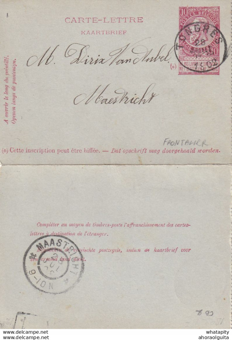 DDX967  -  Carte-Lettre Fine Barbe TONGRES 1902 Vers MAASTRICHT - TARIF FRONTALIER NL = 10 C (au Lieu De 20 C) - Kartenbriefe