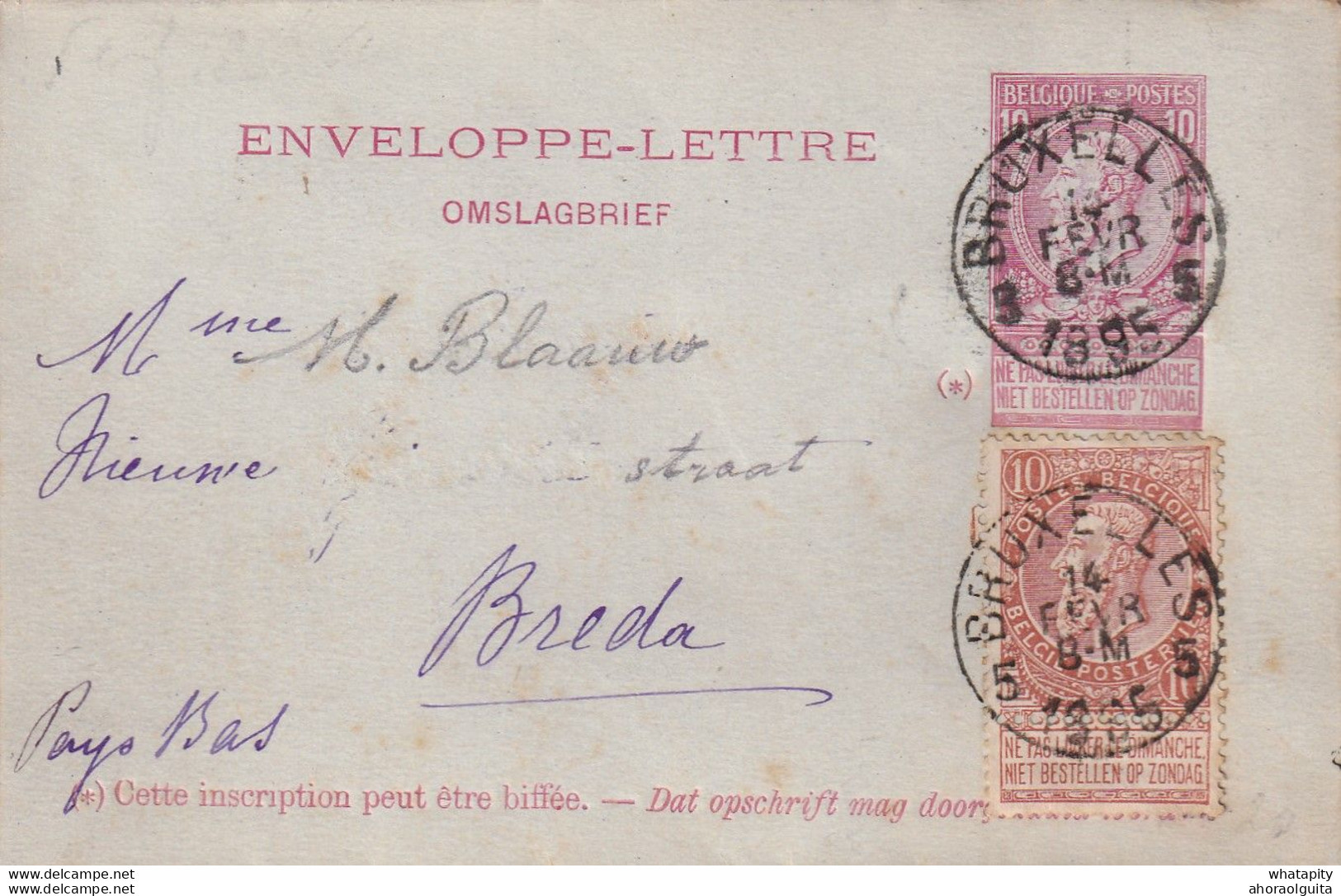 DDX970  -  Enveloppe-Lettre + TP Fine Barbe BRUXELLES 1895 Vers BREDA  - TARIF PREFERENTIEL NL - Enveloppes-lettres