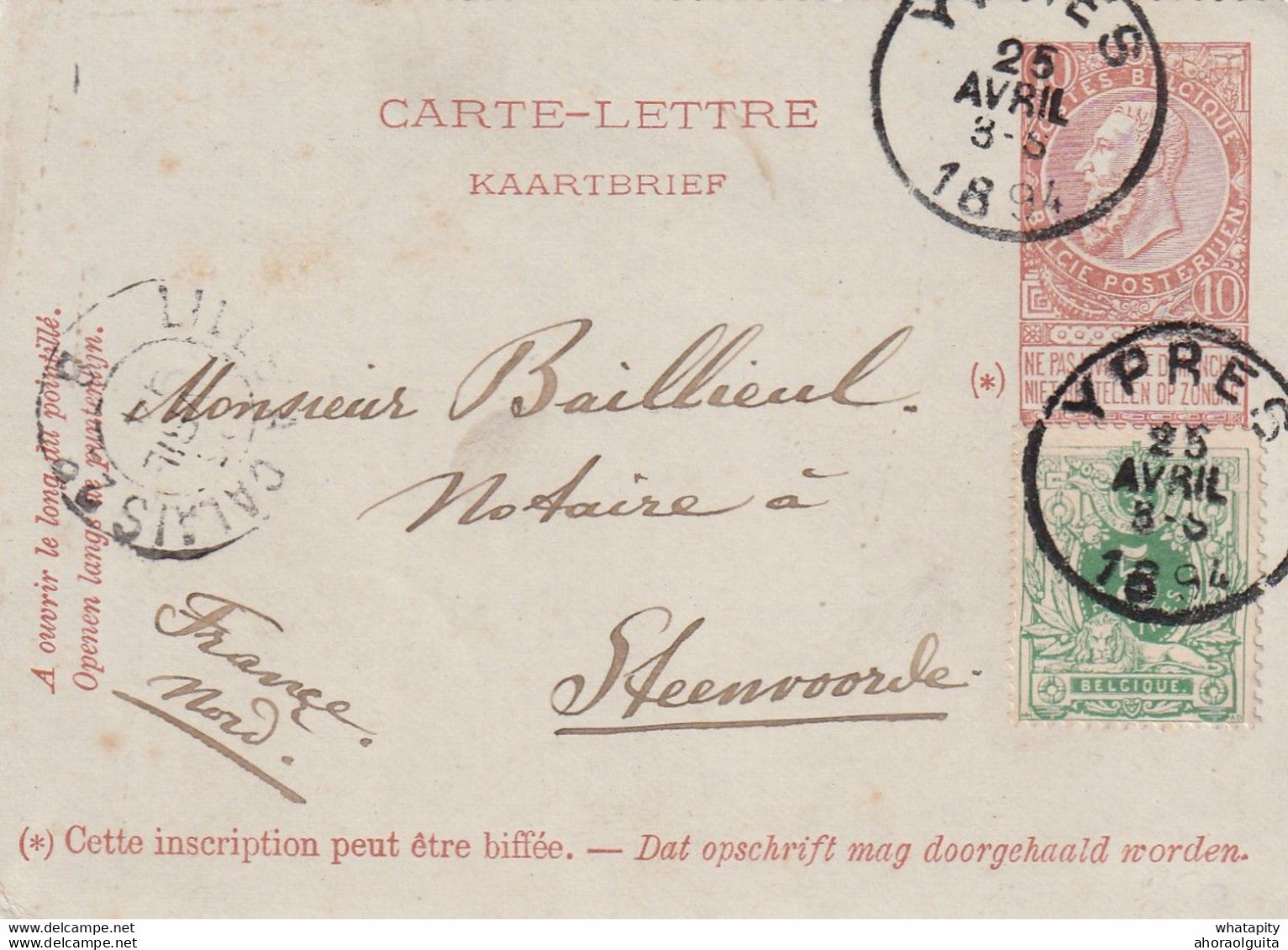 DDX969  -  Carte-Lettre Fine Barbe + TP 45 YPRES 1894 Vers STEENVOORDE Nord  - TARIF FRONTALIER FRANCE - Kartenbriefe