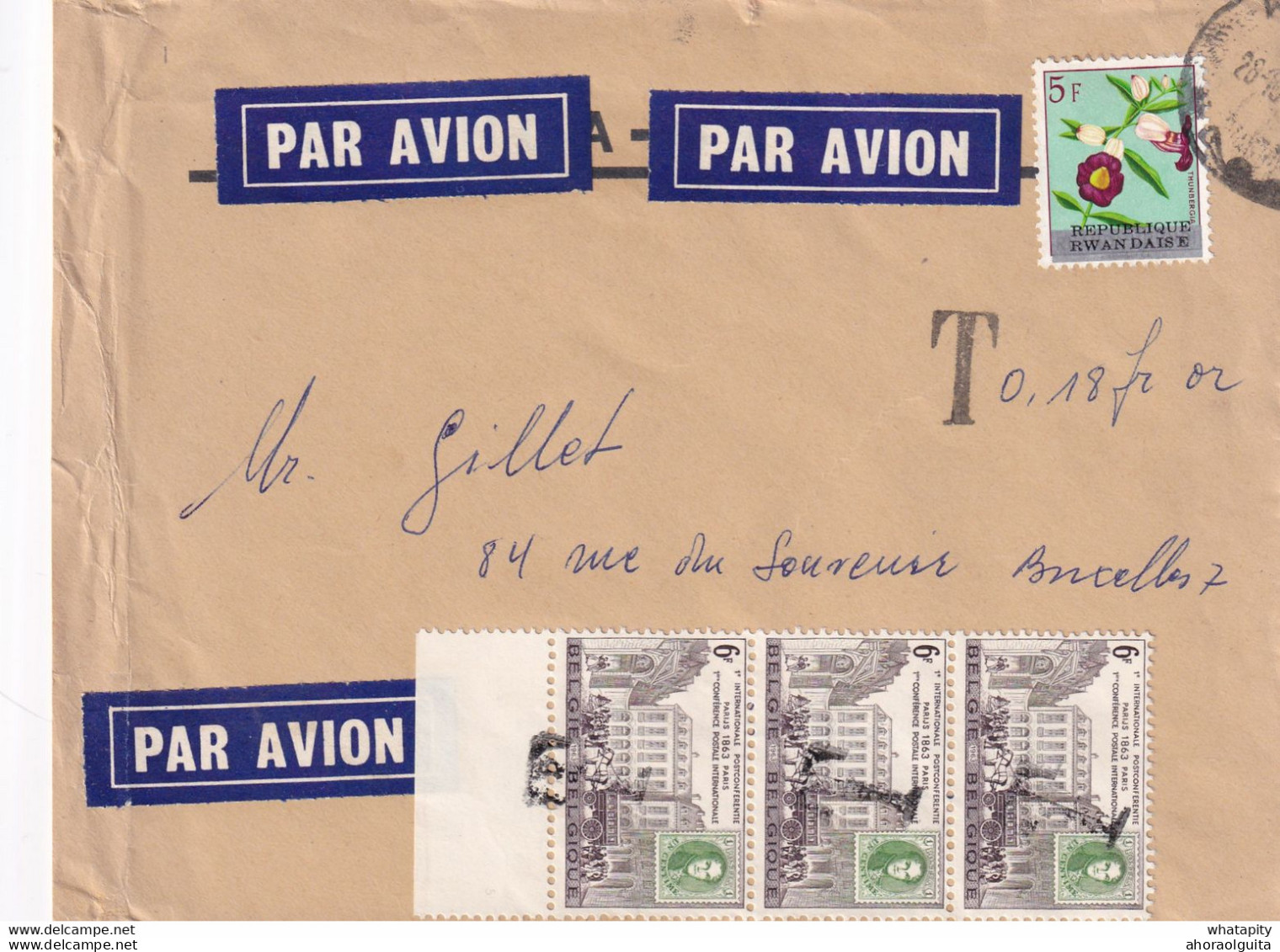 DDX850 - RWANDA - Lettre AVION TP 5 Francs Fleurs Surchargé - Taxé En Belgique 18 Francs Par Timbres-Poste + Griffe T - Autres & Non Classés