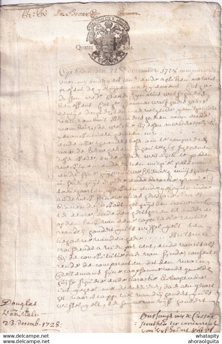 DDX 895 -  Document Fiscal Sur Parchemin - 4 Pages (3 De Texte) - Empreinte MALINES Quatre Sols 1728 - Dokumente