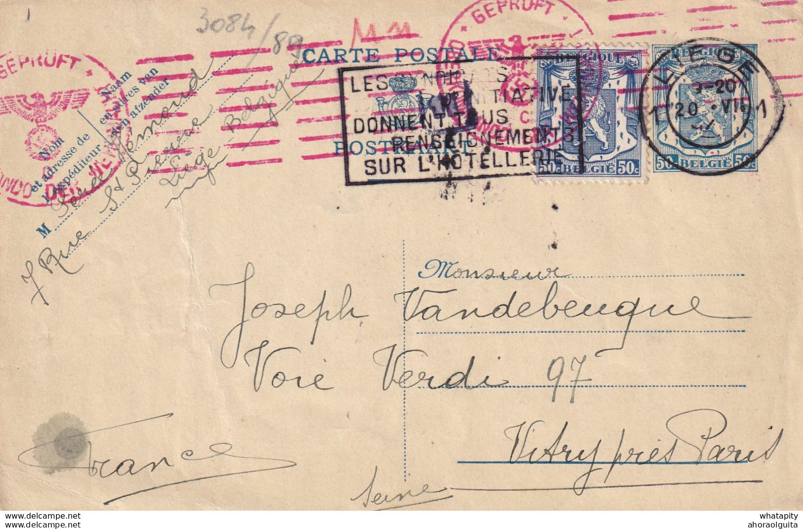 DDX 711 -- Entier Postal Petit Sceau LIEGE 1942 Vers VITRY France - Censure Allemande Mécanique - Guerra 40 – 45 (Cartas & Documentos)
