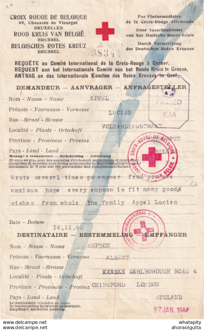 DDX 713 -- Formule CROIX ROUGE Belge 1943 ANTWERPEN Vers LONDON - Réponse Au Verso 1944 - 2 X Censure Anglaise - Guerre 40-45 (Lettres & Documents)