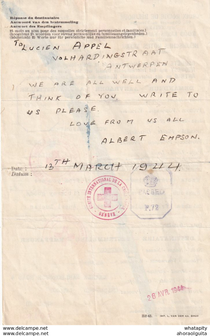 DDX 713 -- Formule CROIX ROUGE Belge 1943 ANTWERPEN Vers LONDON - Réponse Au Verso 1944 - 2 X Censure Anglaise - Guerre 40-45 (Lettres & Documents)