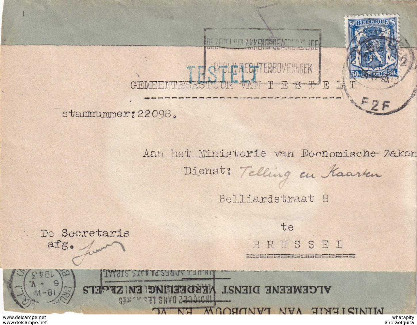DDX 710 -- Enveloppe Réutilisée Avec Bande-adresse TP Petit Sceau LEUVEN 1943 Vers BXL - Griffe BLEUE D' Origine TESTELT - Guerre 40-45 (Lettres & Documents)