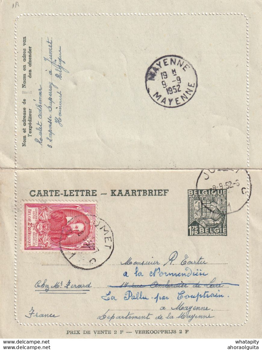 DDX 694 -- Carte-Lettre Exportations (avec Bords) + TP 883 UPU JUMET 1952 Vers MAYENNE France - Carte-Lettere