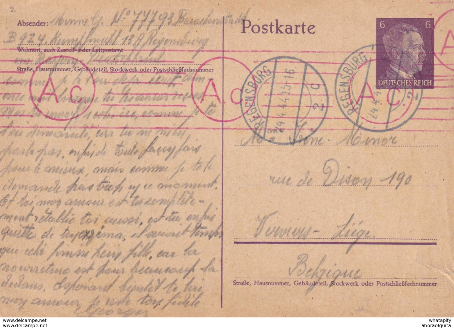 DDX 703 -- G. Minne , Travailleur Civil Belge - Entier Postal Hitler REGENSBURG 1944 Vers VERVIERS -  Censure Allemande - Guerre 40-45 (Lettres & Documents)