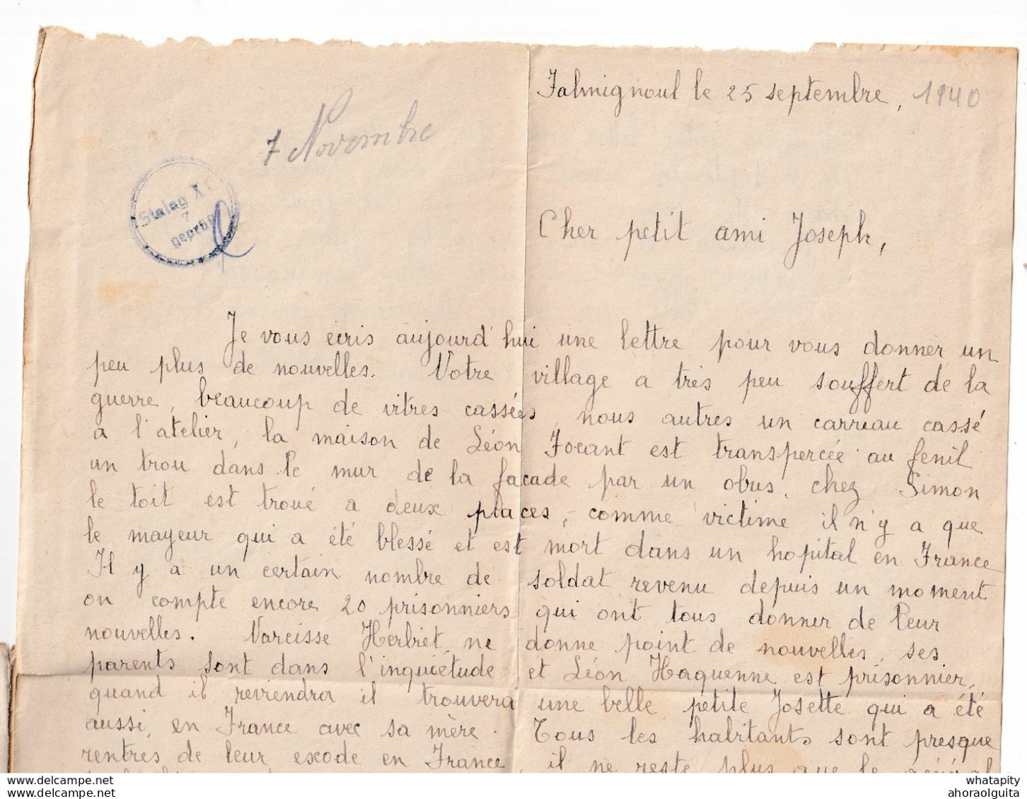 DDX 701 -- Enveloppe + Courrier Vers Le Prisonnier Reumont - FALMIGNOUL 1940 Vers Stalag XC + Censure - Guerre 40-45 (Lettres & Documents)