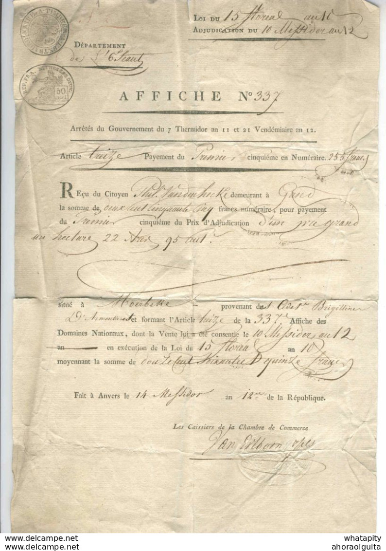 2 Documents Département De L'Escaut Vente De Biens Nationaux An 12 MOERBEKE (ex Brigittines D'Armentières) -- EE652 - Andere & Zonder Classificatie