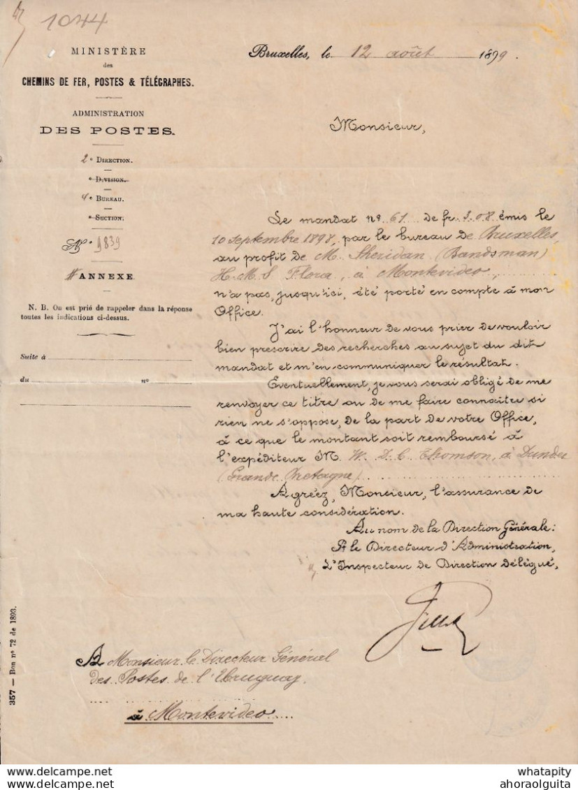 DDX 468 - Document Administration Des Postes BRUXELLES 1899 Vers Idem MONTEVIDEO Uruguay + Réponse (Cachets) - Postkantoorfolders