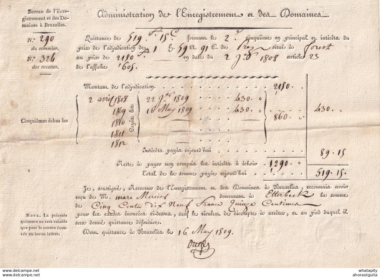 DDX 482 -  Document Fiscal 2 Pages Occupation Française - Enregistrement BRUXELLES 1809 - Marc Mercier à ETTERBEEK - Documenti