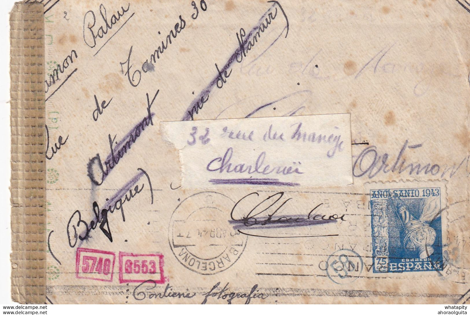 DDX 712 -- Enveloppe TP Espagne BARCELONA 1944 Vers CHARLEROI , Puis ARSIMONT - Etiquettes Inconnu , Parti Pour - Guerra '40-'45 (Storia Postale)