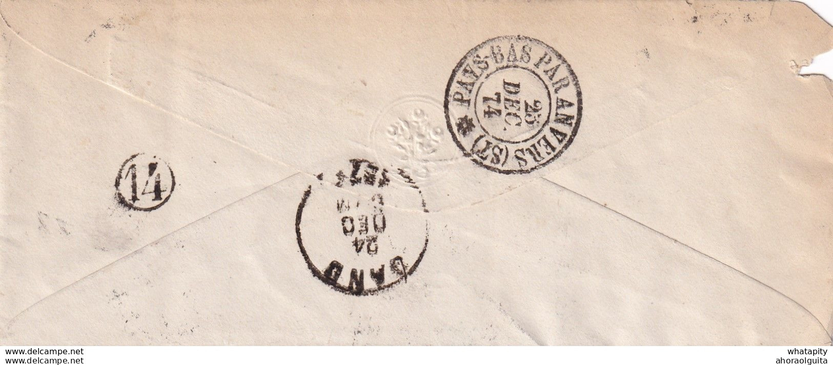 DDX 301 -- Enveloppe Pays-Bas UTRECHT 1874 - Cachet De Passage PAYS BAS Par ANVERS (ST) - Doorgangstempels