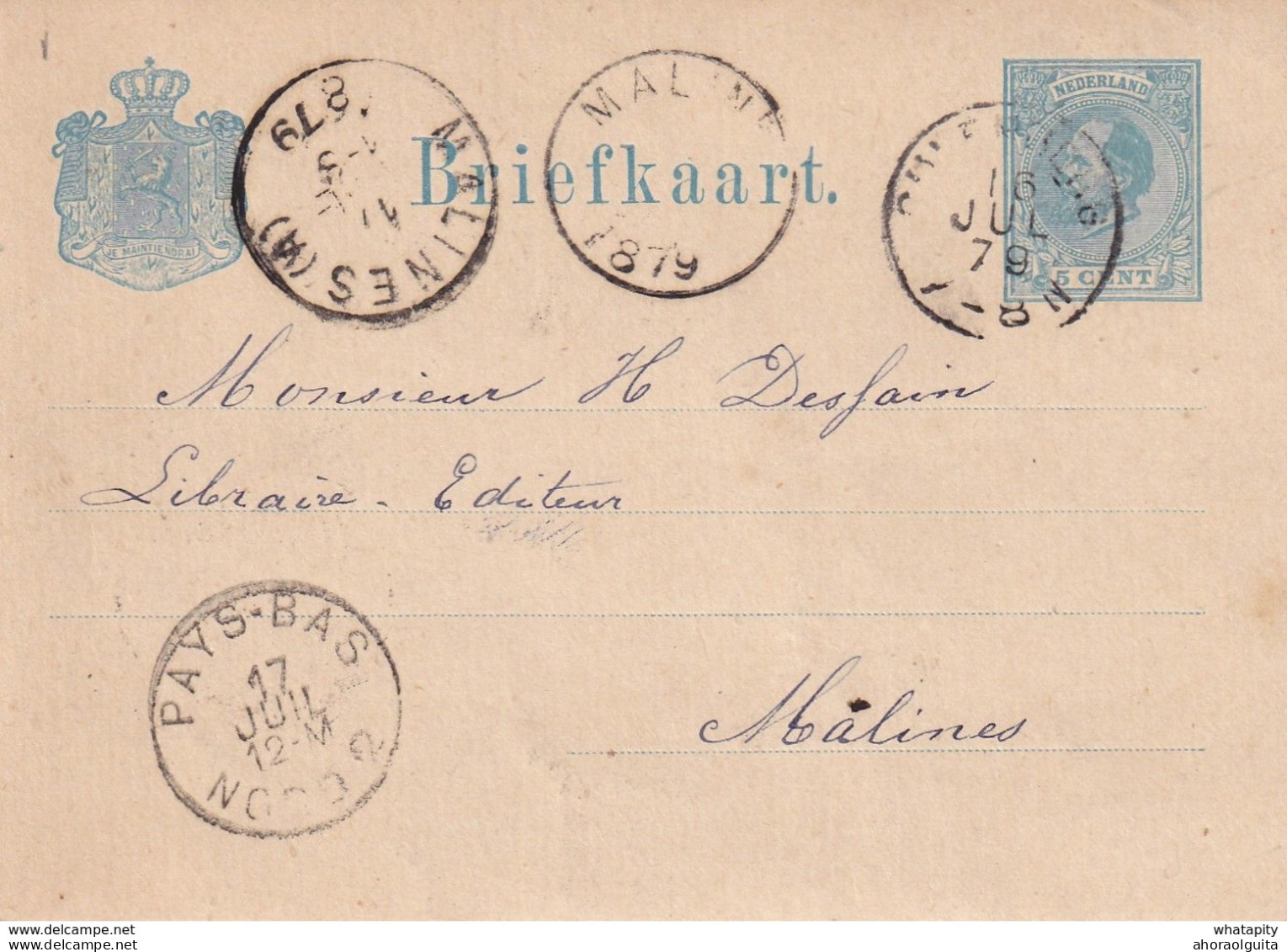 DDX 299 -- 2 X Entier Postal Belge 1875 Et Pays-Bas 1879 - Cachets De Passage HOLLANDE NORD 2 (Ambulant) Différents - Bureaux De Passage