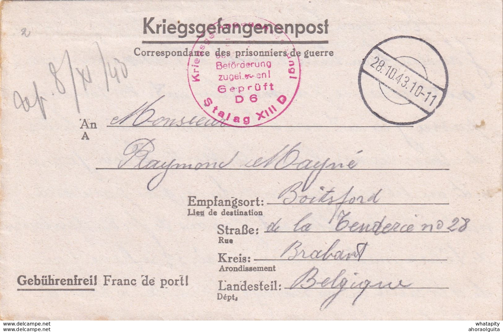 DDX 293 -- Formule De Prisonniers Lettre Du Stammlager XIIID En 1943 Vers BOITSFORT - Censure Du Camp - Guerra 40 – 45 (Cartas & Documentos)