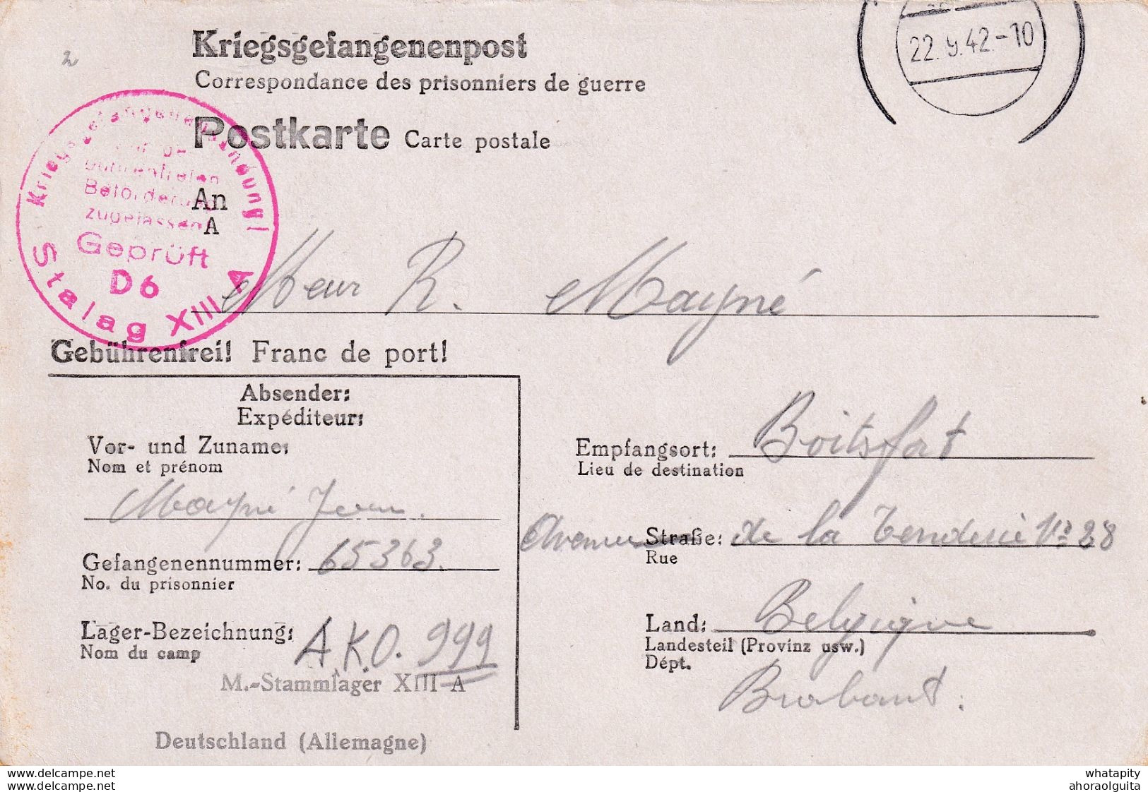 DDX 292 -- Formule De Prisonniers Carte Du Stammlager XIIIA En 1942 Vers BOITSFORT - Censure Du Camp - Guerra 40 – 45 (Cartas & Documentos)