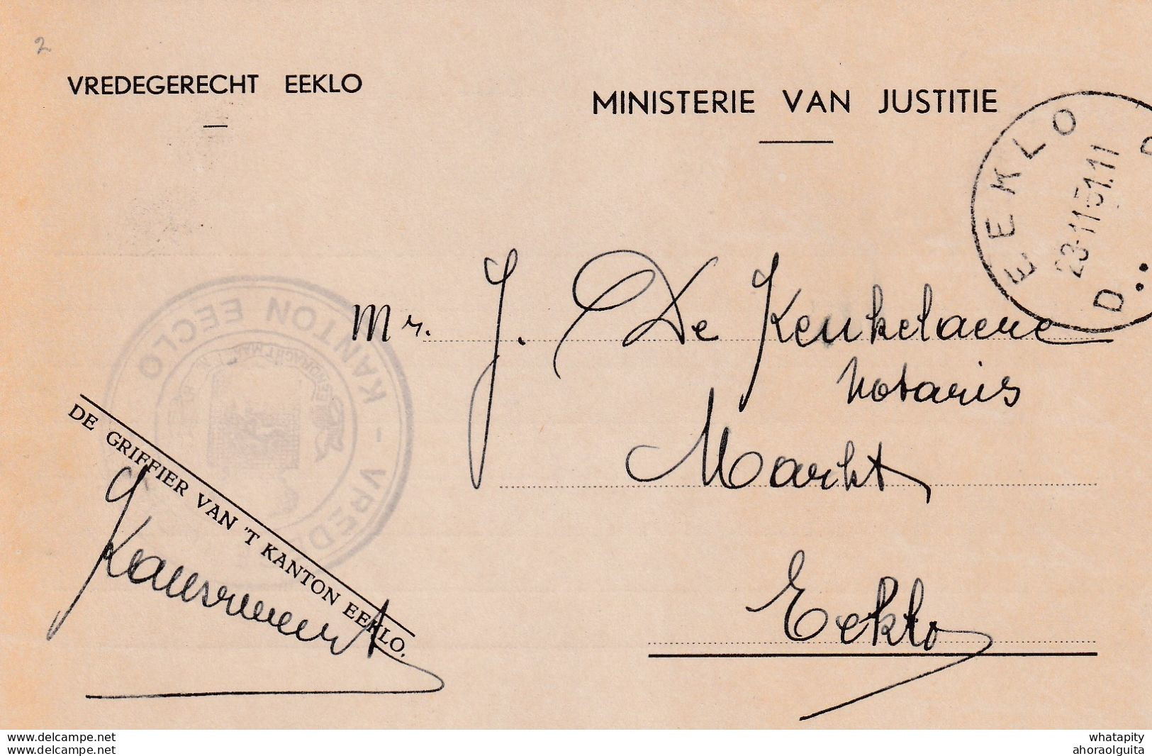 DDX 290 -- Carte De Service + Cachet " Vredegerecht " EEKLO 1951 Vers De Keukelaere , Notaris Te EEKLO - Zonder Portkosten