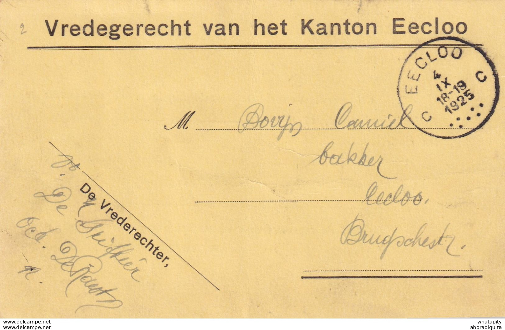 DDX 289 -- Carte De Service " Vredegerecht " EECLOO 1925 Vers Camiel Bovyn , Bakker In EECLOO - Portofreiheit