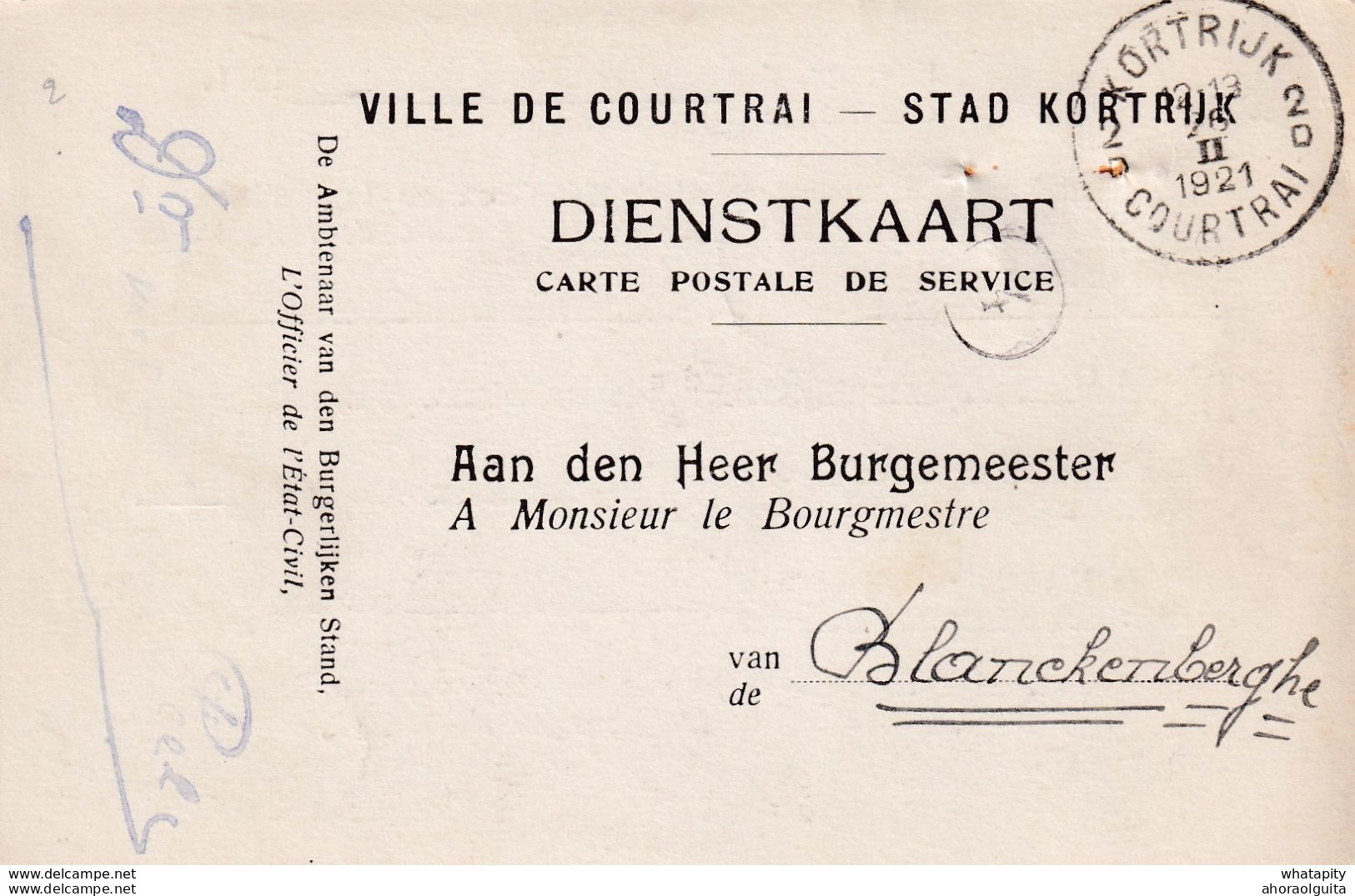 DDX 288 -- Carte De Service " Ville De Courtrai " KORTRIJK 1921 Vers Bourgmestre De BLANKENBERGHE - Franchise