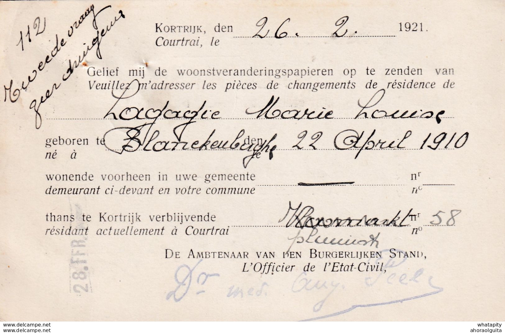 DDX 288 -- Carte De Service " Ville De Courtrai " KORTRIJK 1921 Vers Bourgmestre De BLANKENBERGHE - Franquicia