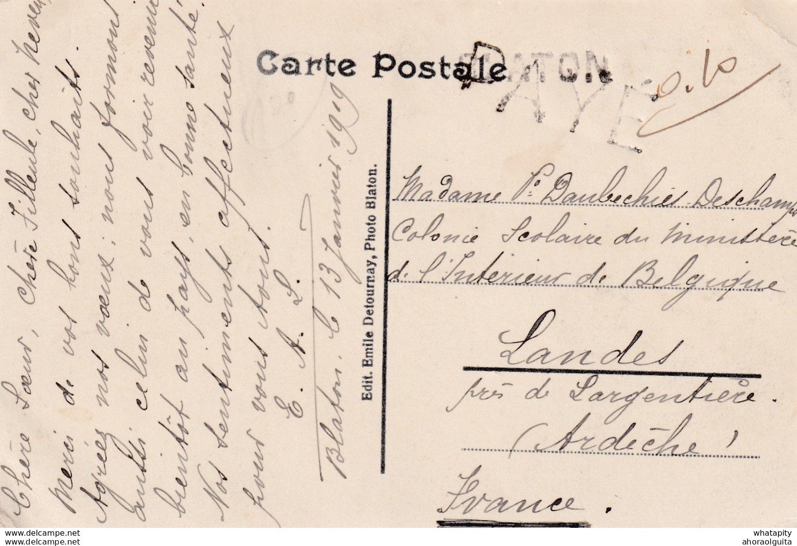 DDX 416 - Collection Cachets De FORTUNE Daniel Jonsen - BLATON Carte- Vue Panorama Griffe PAYE - Noodstempels (1919)