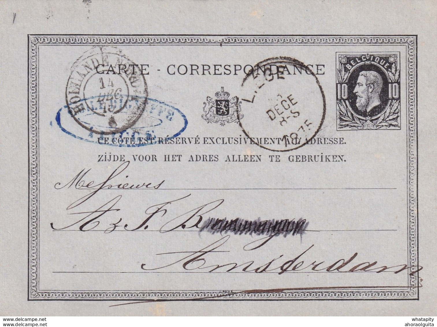 DDX 298 -- 2 X Entier Postal Belge 1875 Et Pays-Bas 1876 - Cachets De Passage HOLLANDE NORD 1 ( Ambulant) Différents - Grenzübergangsstellen