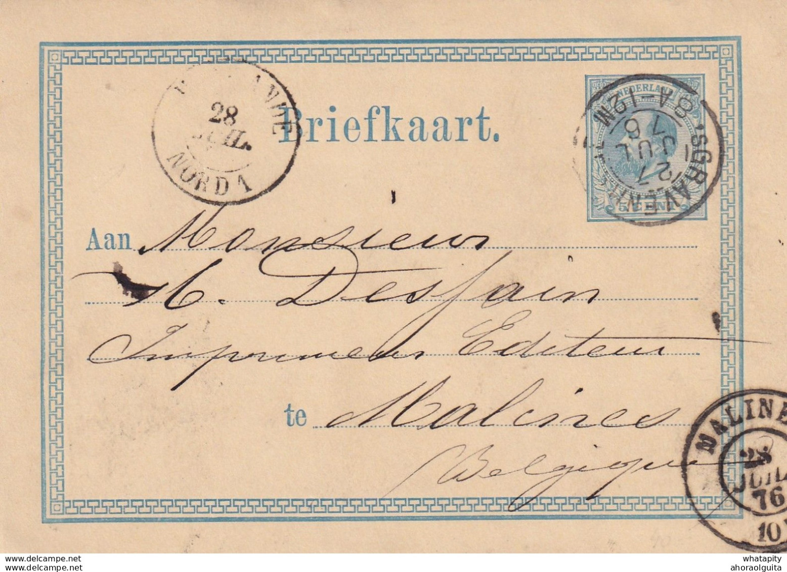 DDX 298 -- 2 X Entier Postal Belge 1875 Et Pays-Bas 1876 - Cachets De Passage HOLLANDE NORD 1 ( Ambulant) Différents - Grenzübergangsstellen