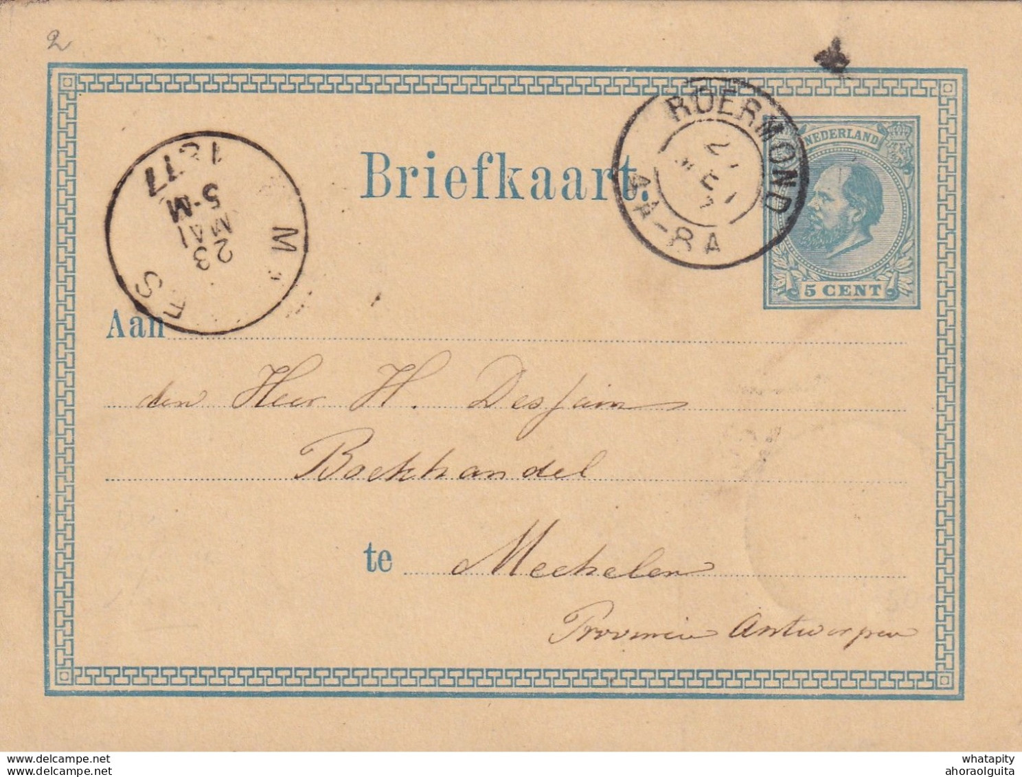 DDX 297 -- Entier Postal Pays-Bas ROERMOND 1877 Vers MECHELEN - Cachet D' Entrée HOLLANDE Par LIEGE - Grenzübergangsstellen