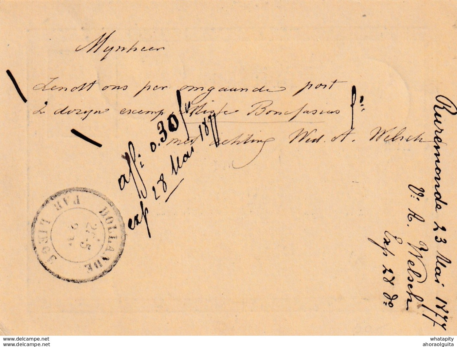 DDX 297 -- Entier Postal Pays-Bas ROERMOND 1877 Vers MECHELEN - Cachet D' Entrée HOLLANDE Par LIEGE - Grenzübergangsstellen
