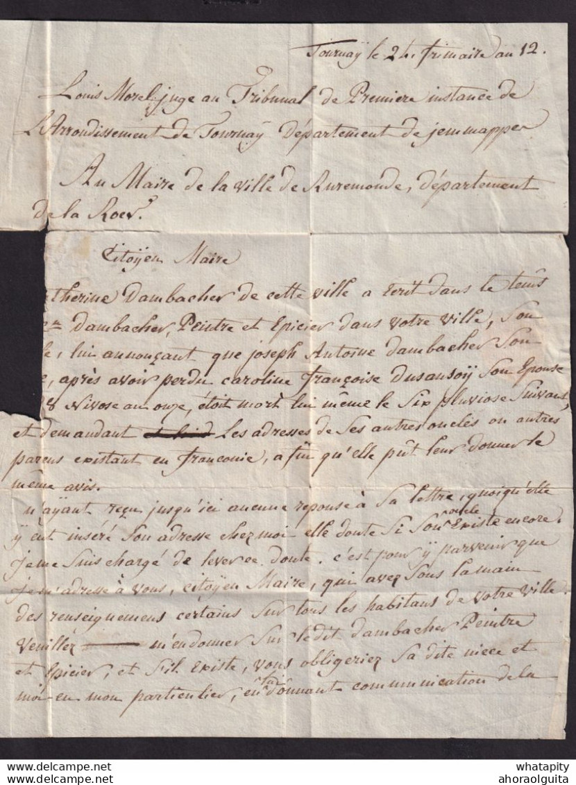 DDCC 806 - Lettre Précurseur P86P TOURNAY , An 12 , Vers Le Maire De RUREMONDE NL - Signée Le Juge Morel - 1794-1814 (Periodo Francese)