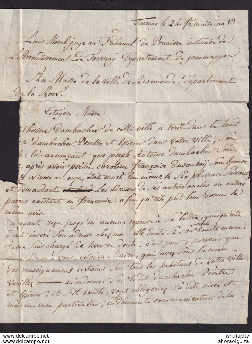 DDCC 806 - Lettre Précurseur P86P TOURNAY , An 12 , Vers Le Maire De RUREMONDE NL - Signée Le Juge Morel - 1794-1814 (Période Française)