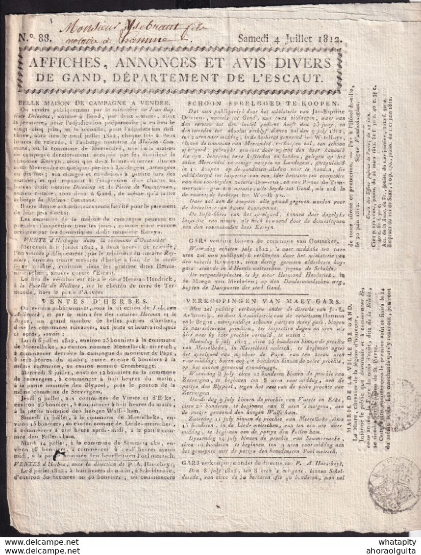DDCC 418 - Journal De 4 Pages - No 88 Des Annonces Et Avis Divers De GAND 4/7/1812 - Imprimerie Houdin, Catalognestraete - 1794-1814 (Période Française)
