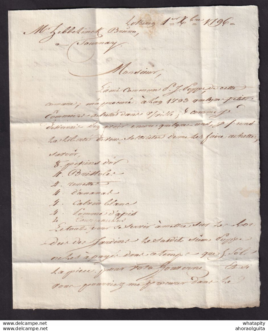 DDCC 912 - Lettre Précurseur 92 LOKEREN 1796 Vers TOURNAI - TB Texte Commande D' Arbres Fruitiers - 1794-1814 (Periodo Frances)