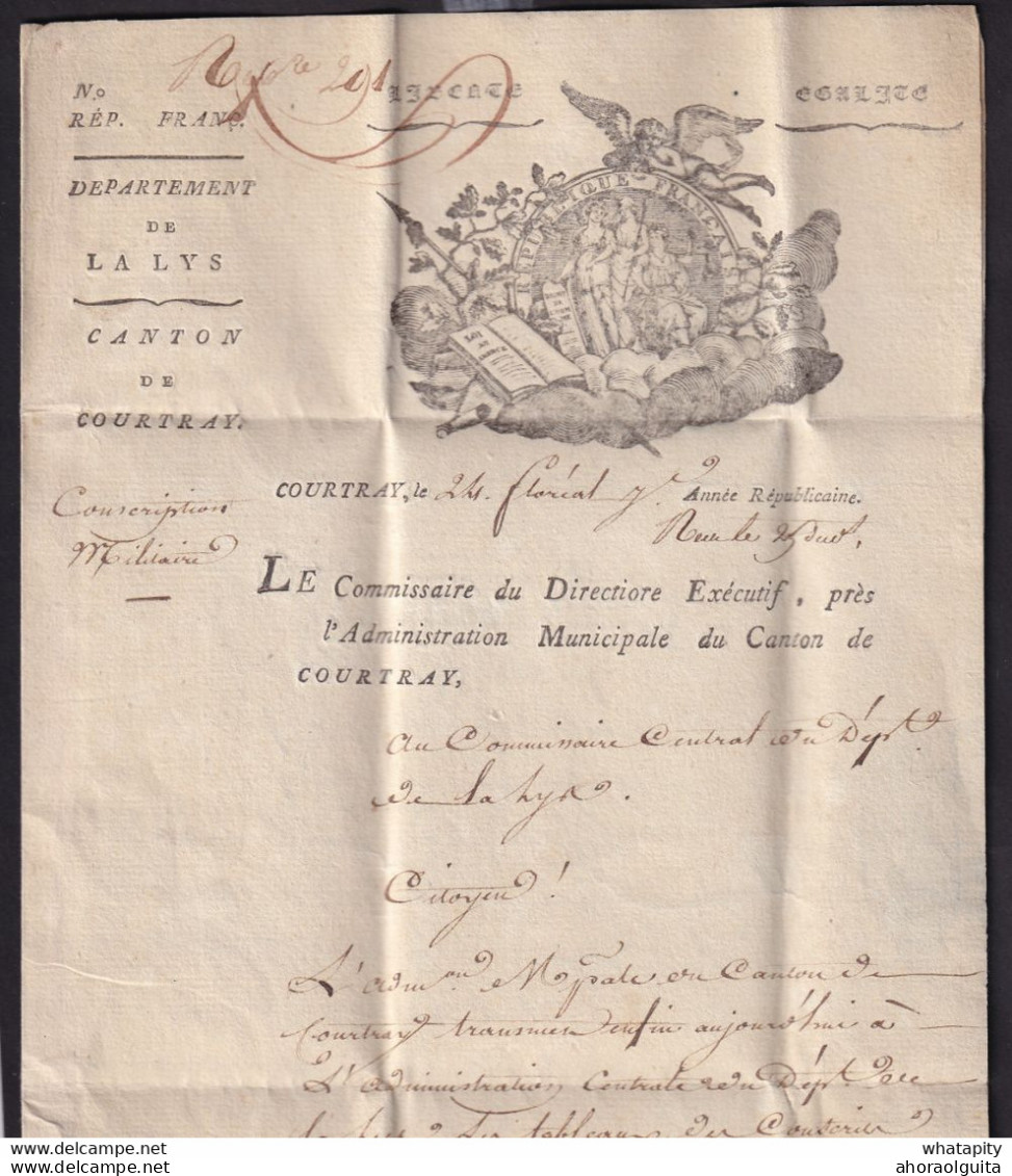 DDDD 638 - Lettre Précurseur TTB Illustration COURTRAY An 7 à BRUGES - Verso Cachet Admin. Municipale - Service Pressé!! - 1794-1814 (Periodo Francese)