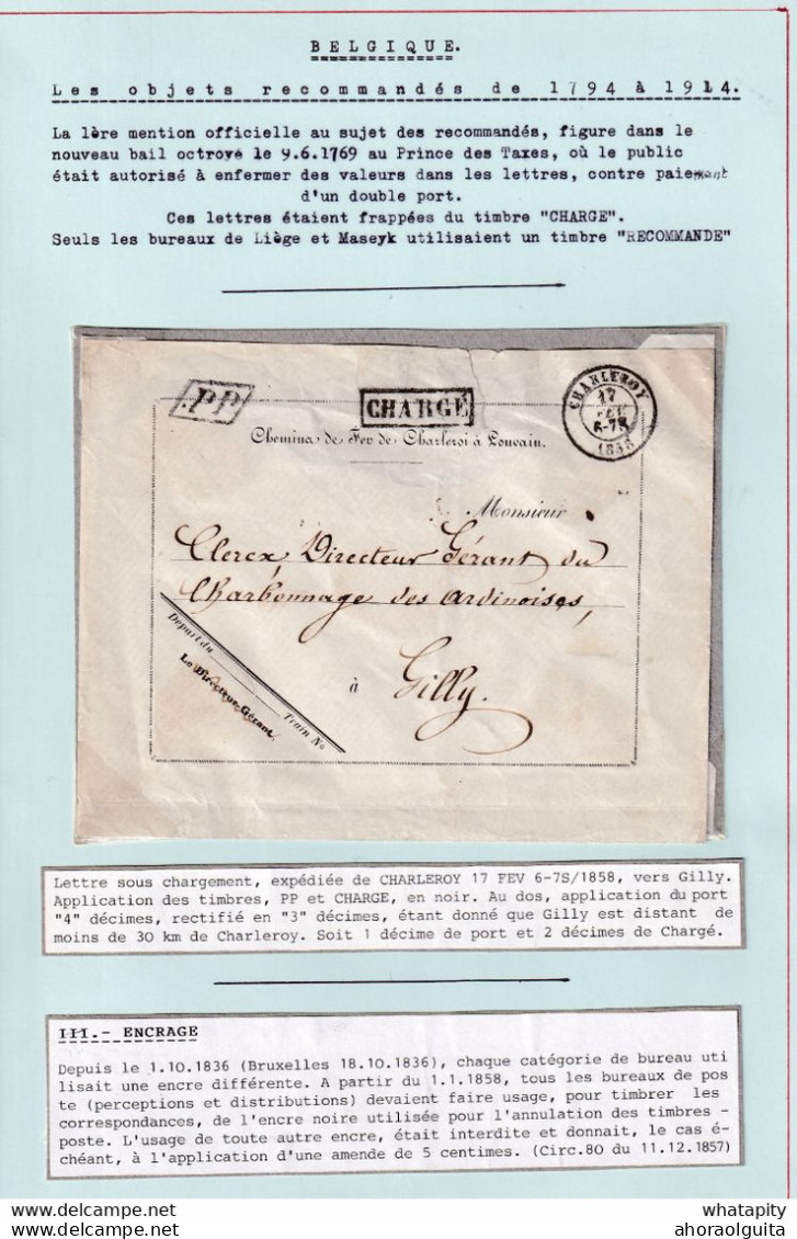 186/38 -- Les RECOMMANDES - Enveloppe Chemin De Fer Cie PRIVEE Charleroi à Louvain - CHARGE 1858 Vers GILLY - Autres & Non Classés