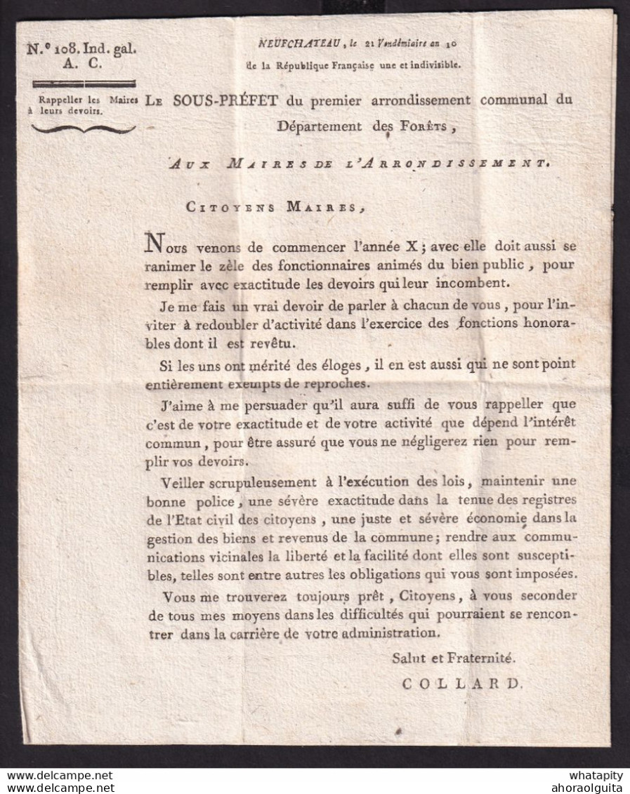 DDCC 807 - Document IMPRIME - NEUFCHATEAU An 10 Vers Le Maire De RUETTE - Signé Le Sous-préfet Collard - 1794-1814 (Periodo Frances)